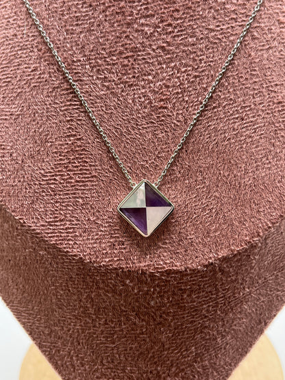 Vintage 925 Sterling Silver Mother of Pearl & Amethyst Square Pendant