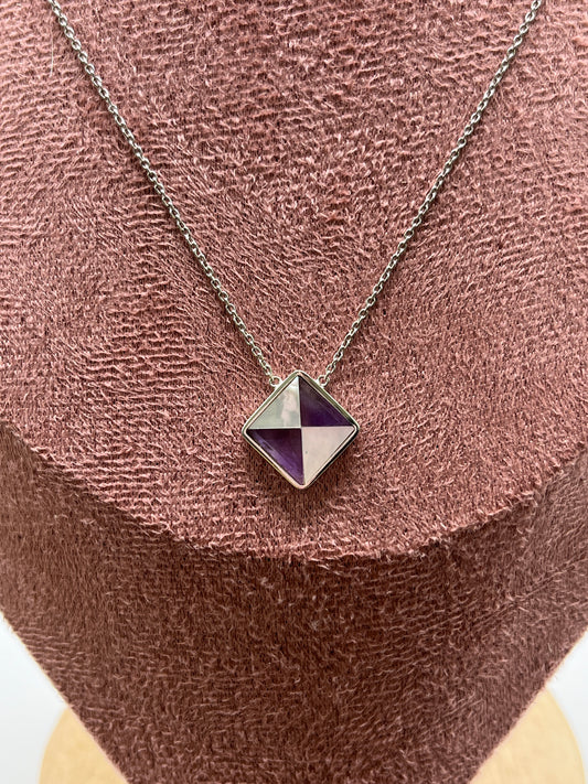Vintage 925 Sterling Silver Mother of Pearl & Amethyst Square Pendant