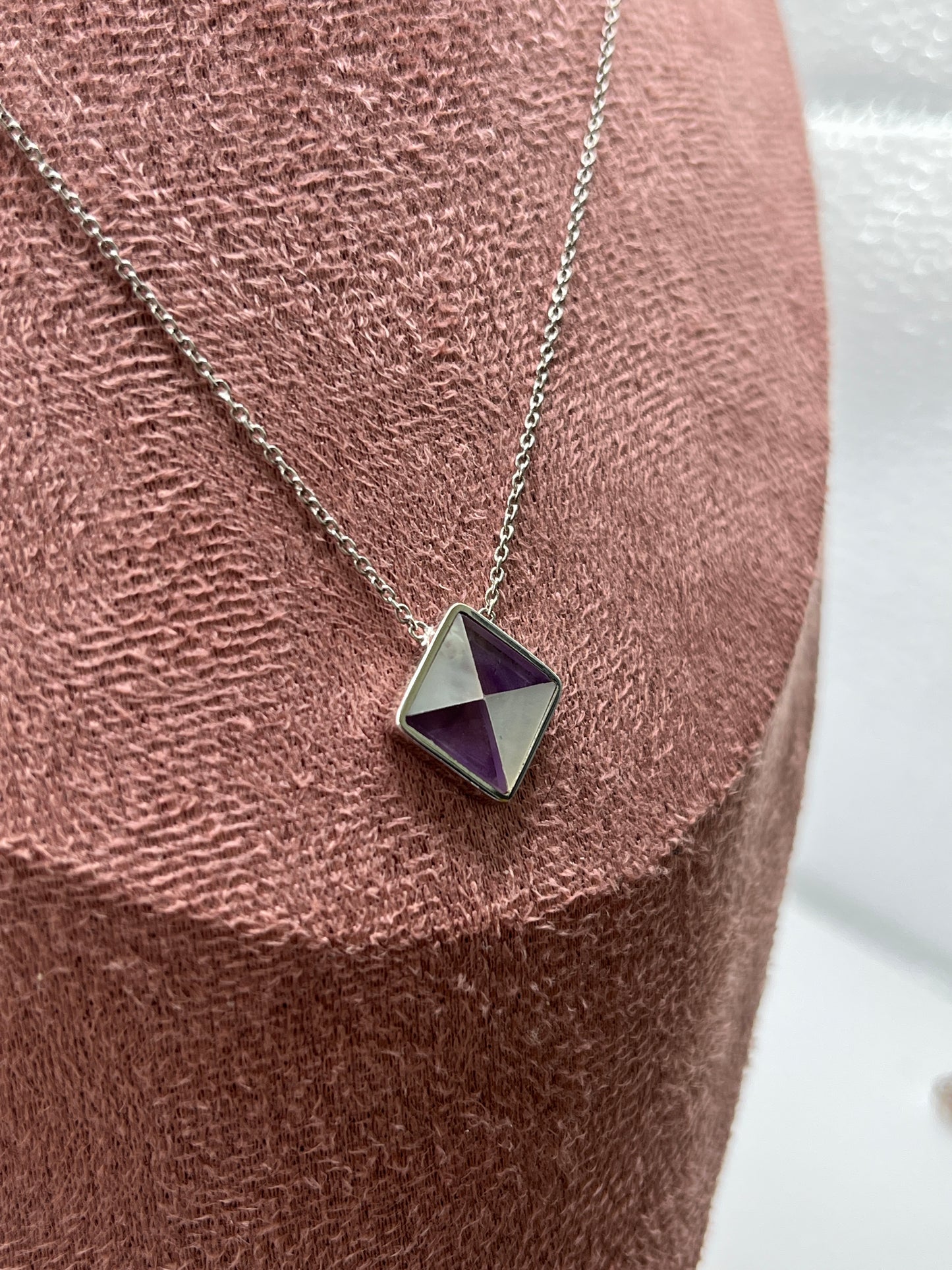 Vintage 925 Sterling Silver Mother of Pearl & Amethyst Square Pendant