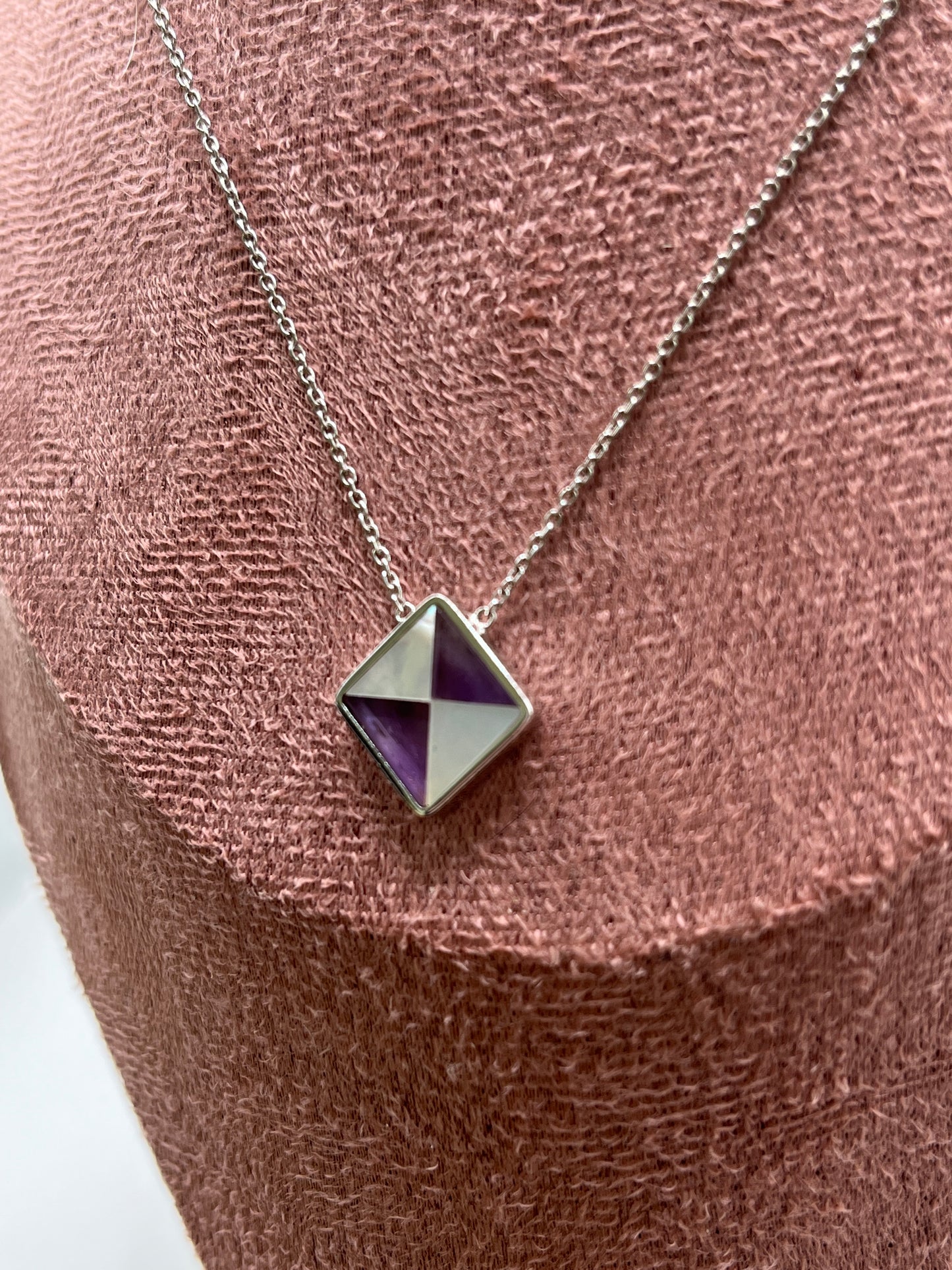 Vintage 925 Sterling Silver Mother of Pearl & Amethyst Square Pendant