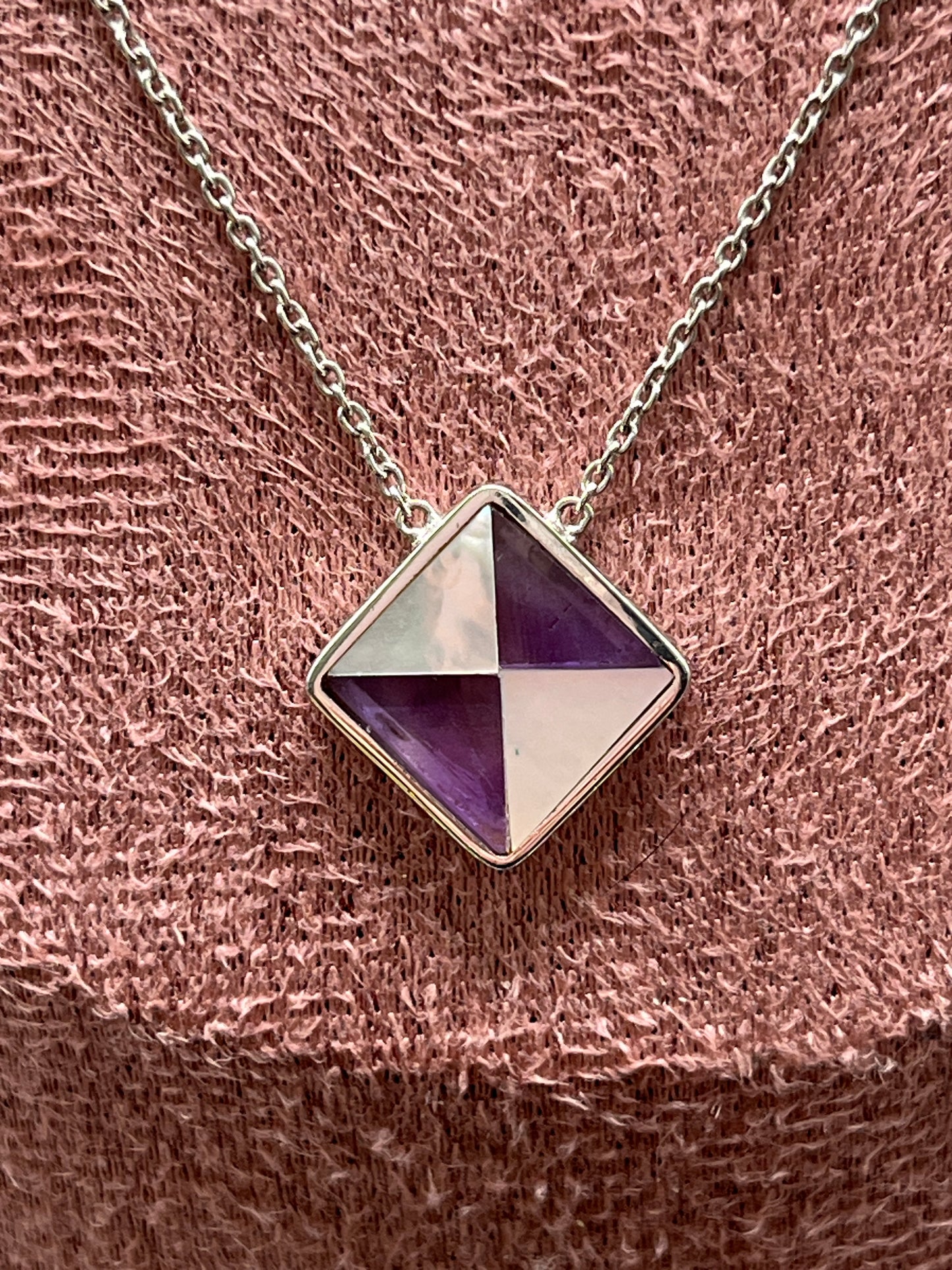 Vintage 925 Sterling Silver Mother of Pearl & Amethyst Square Pendant