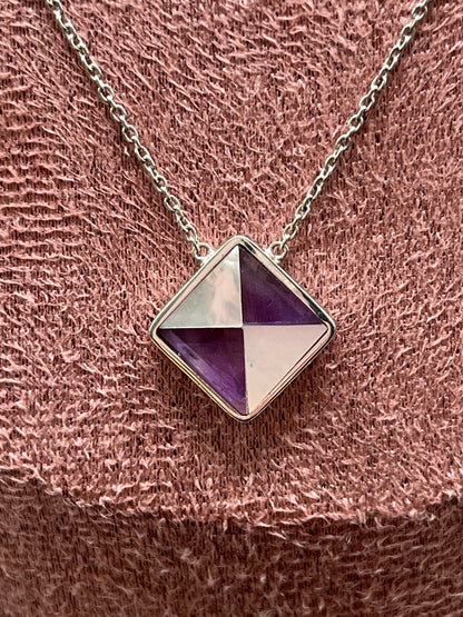 Vintage 925 Sterling Silver Mother of Pearl & Amethyst Square Pendant