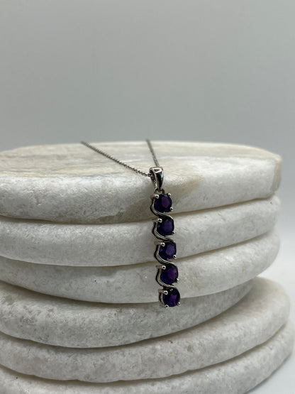 925 Sterling Silver Amethyst Five Stone Row Pendant On 45cm Chain