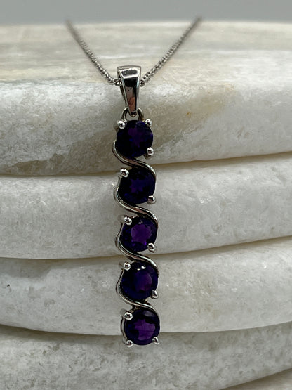 925 Sterling Silver Amethyst Five Stone Row Pendant On 45cm Chain