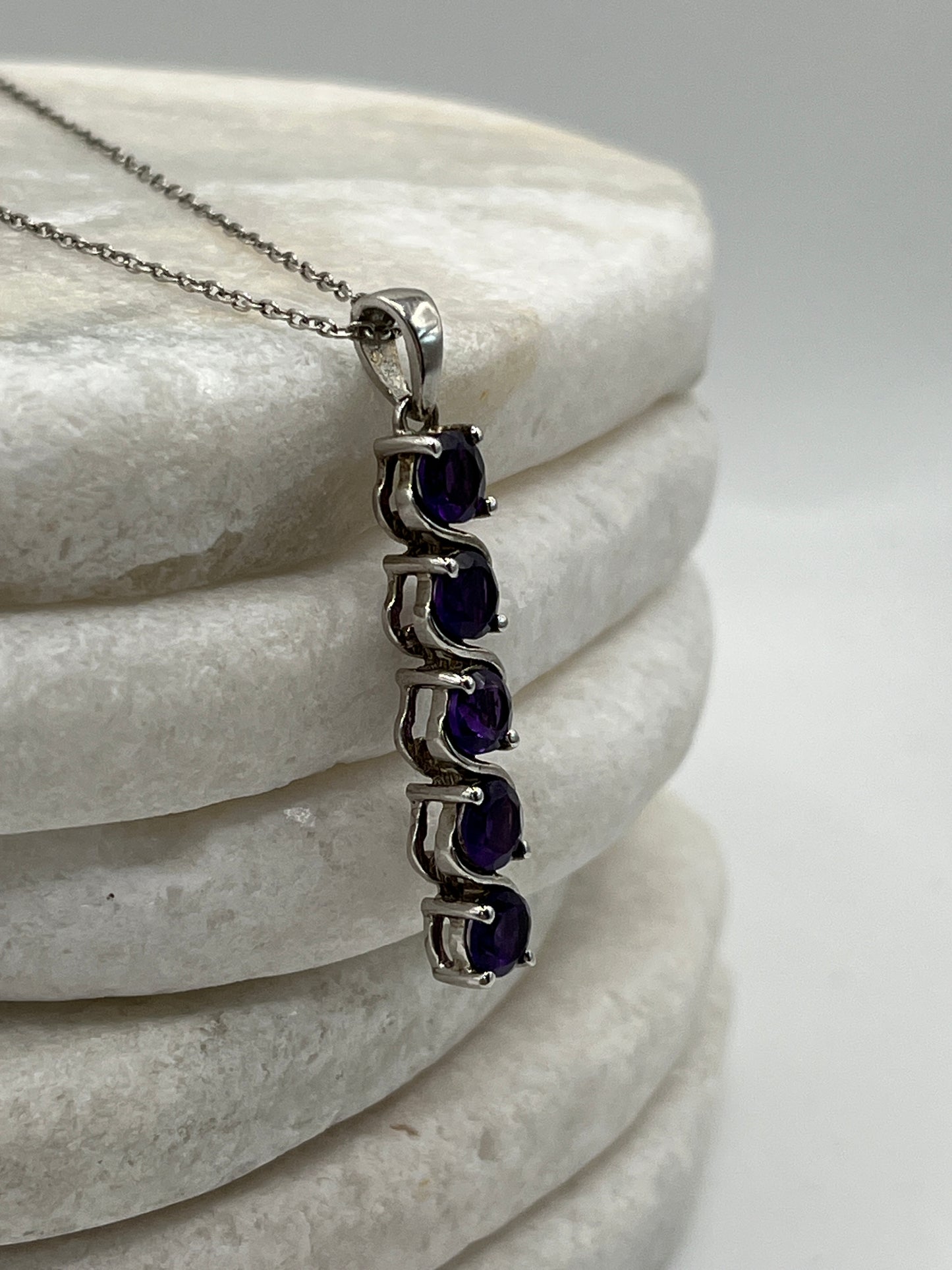 925 Sterling Silver Amethyst Five Stone Row Pendant On 45cm Chain