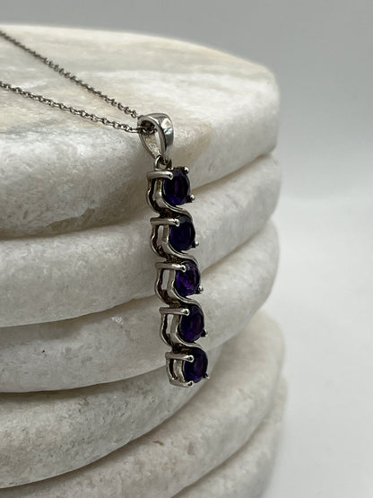 925 Sterling Silver Amethyst Five Stone Row Pendant On 45cm Chain