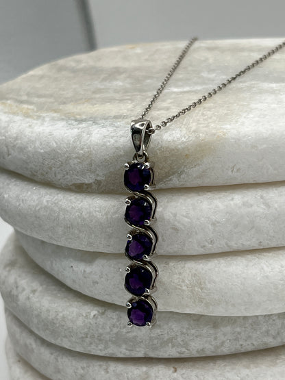 925 Sterling Silver Amethyst Five Stone Row Pendant On 45cm Chain