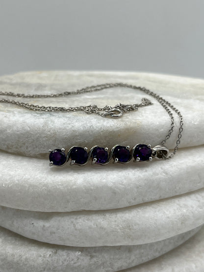 925 Sterling Silver Amethyst Five Stone Row Pendant On 45cm Chain