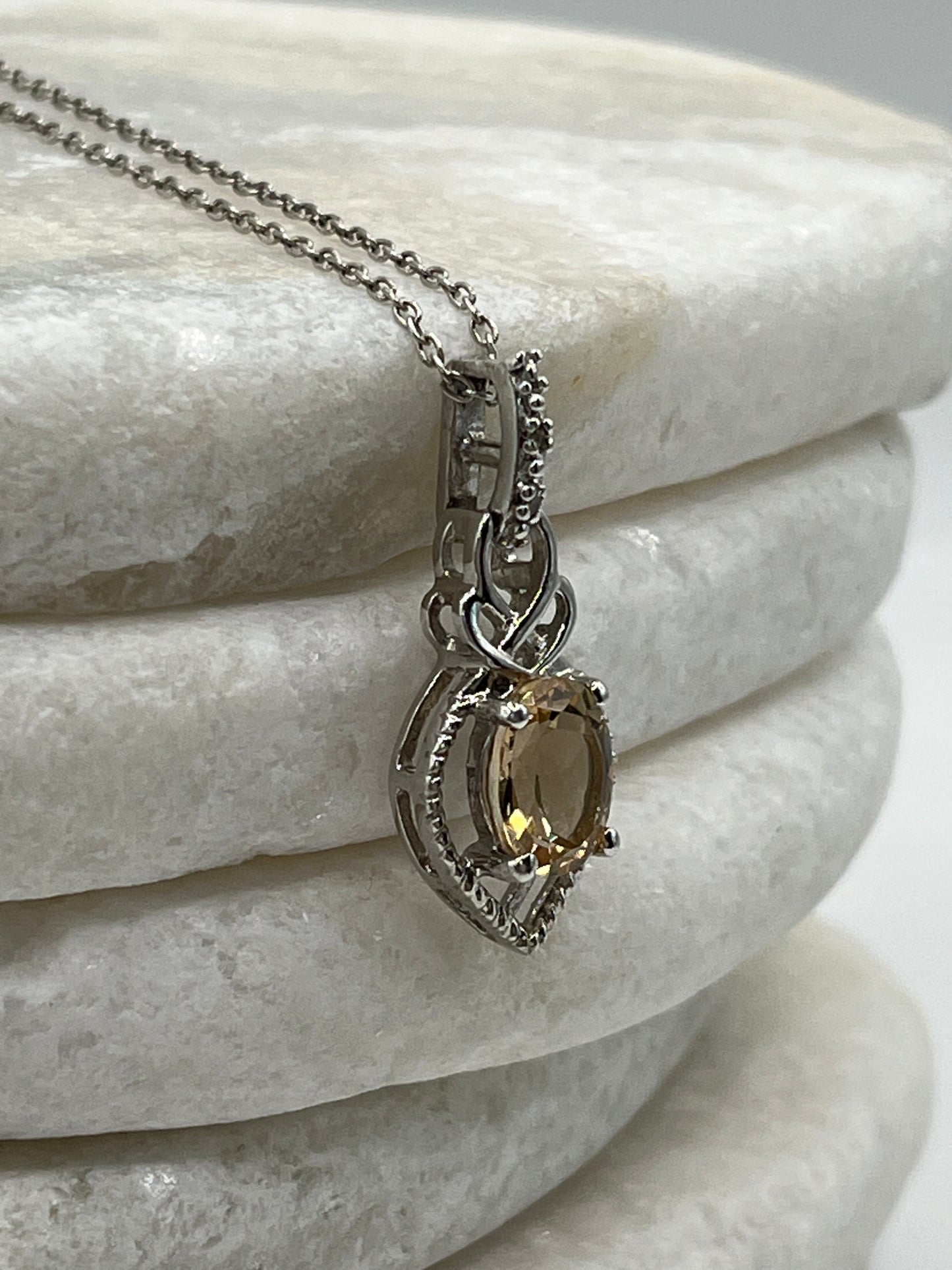 925 Sterling Silver Champagne Quartz Pendant On 45cm Chain