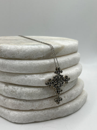 925 Sterling Silver Vintage Marcasite Gothic Style Cross On 45cm Chain