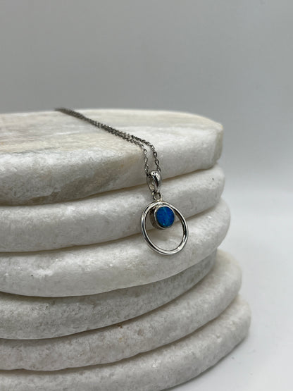 925 Sterling Silver Open Circle Blue Opal Pendant Necklace