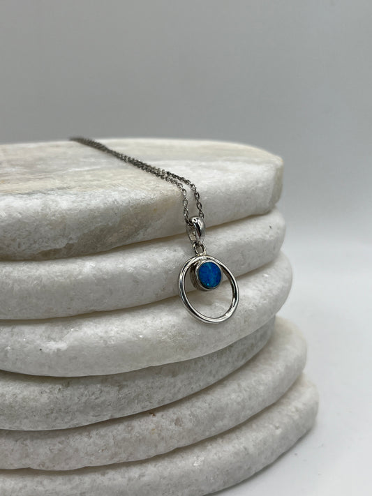 925 Sterling Silver Open Circle Blue Opal Pendant Necklace
