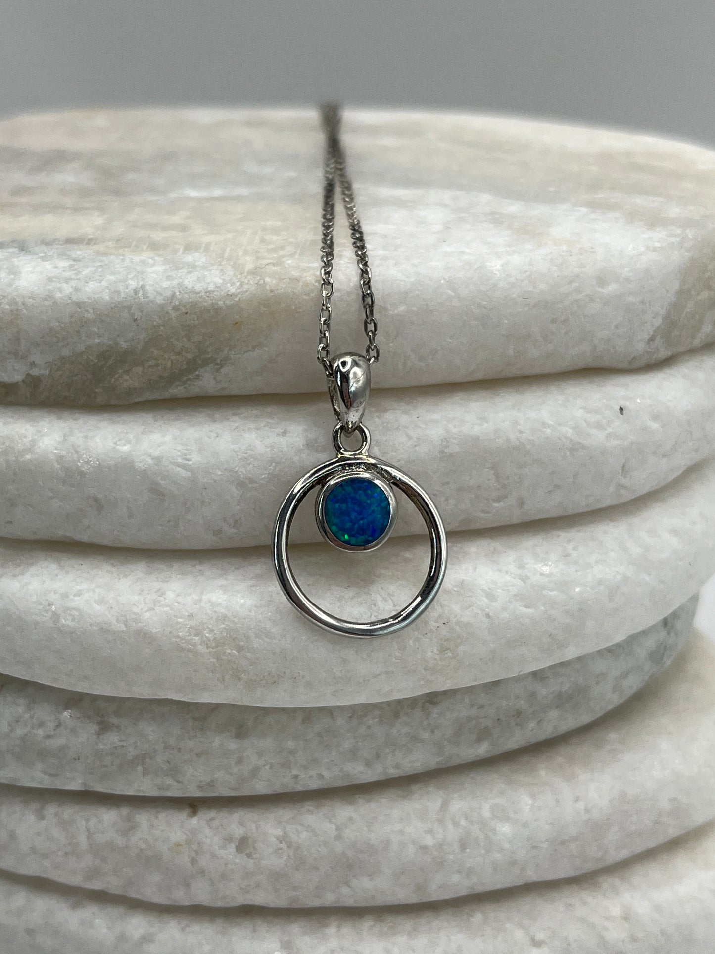 925 Sterling Silver Open Circle Blue Opal Pendant Necklace