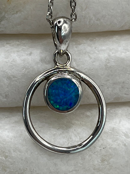925 Sterling Silver Open Circle Blue Opal Pendant Necklace