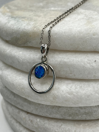 925 Sterling Silver Open Circle Blue Opal Pendant Necklace