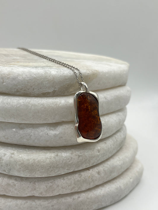 925 Sterling Silver Amber Boho Pendant on 45cm Sterling Silver Chain