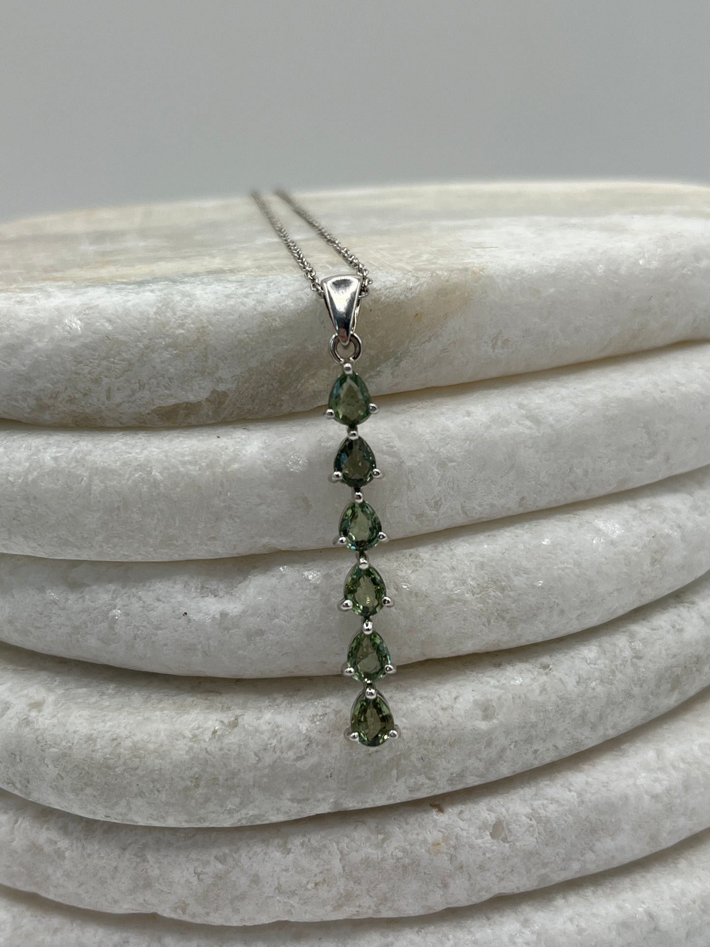 925 Sterling Silver Green Tourmaline Teardrop Long Pendant on 45cm Sterling Silver Chain