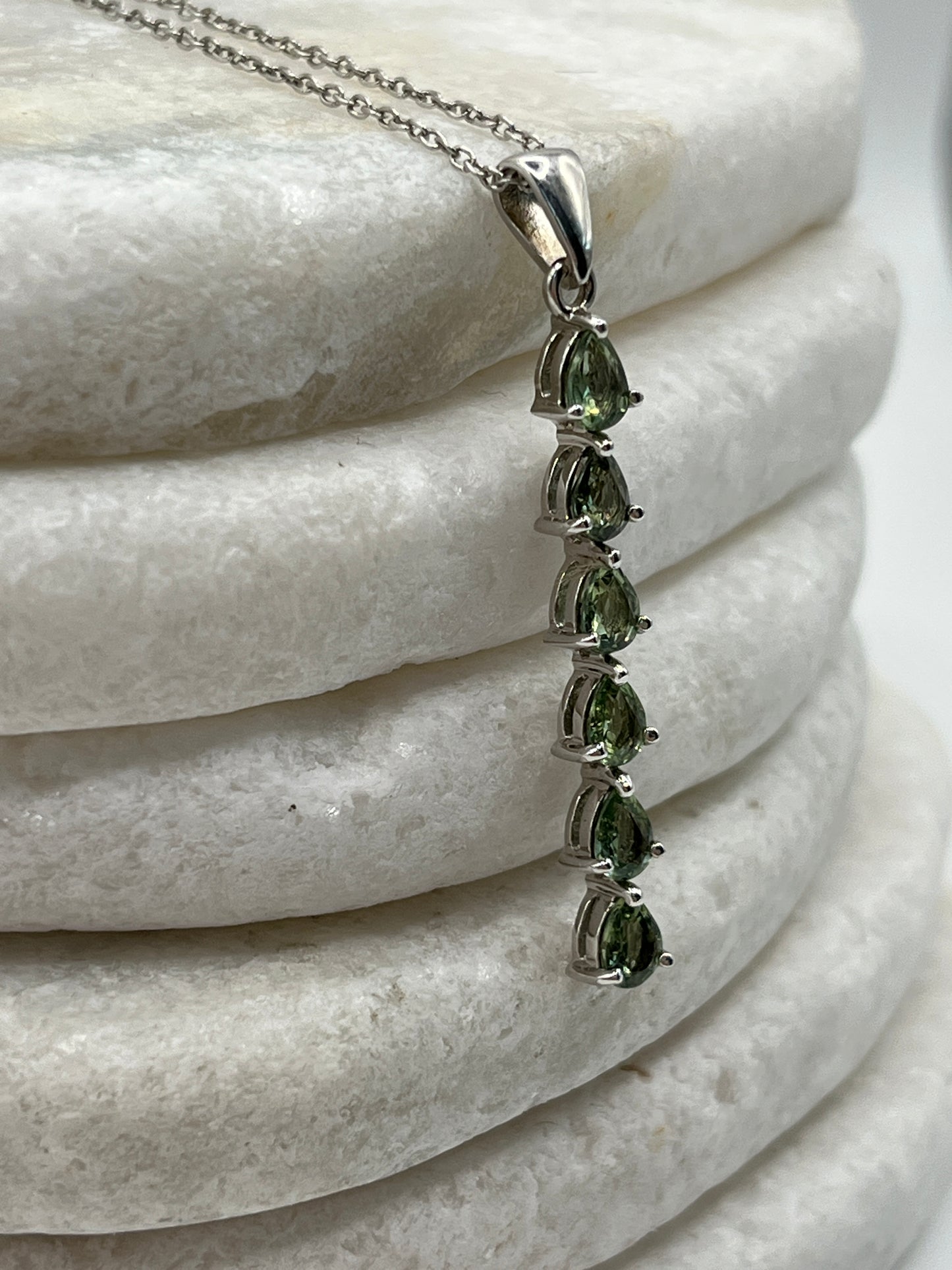 925 Sterling Silver Green Tourmaline Teardrop Long Pendant on 45cm Sterling Silver Chain