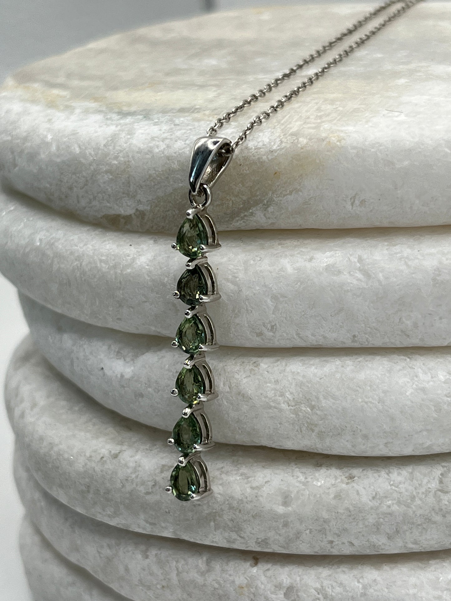 925 Sterling Silver Green Tourmaline Teardrop Long Pendant on 45cm Sterling Silver Chain