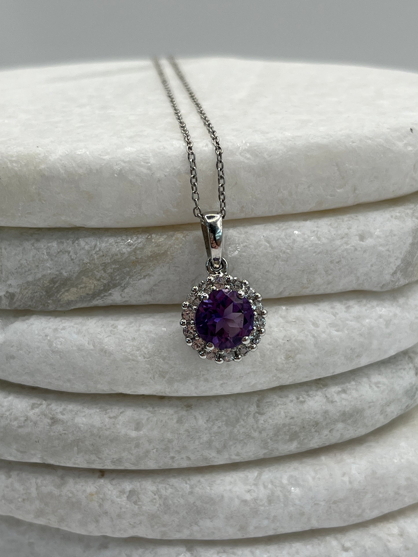 925 Sterling Silver Amethyst Halo Pendant on 45cm Sterling Silver Chain