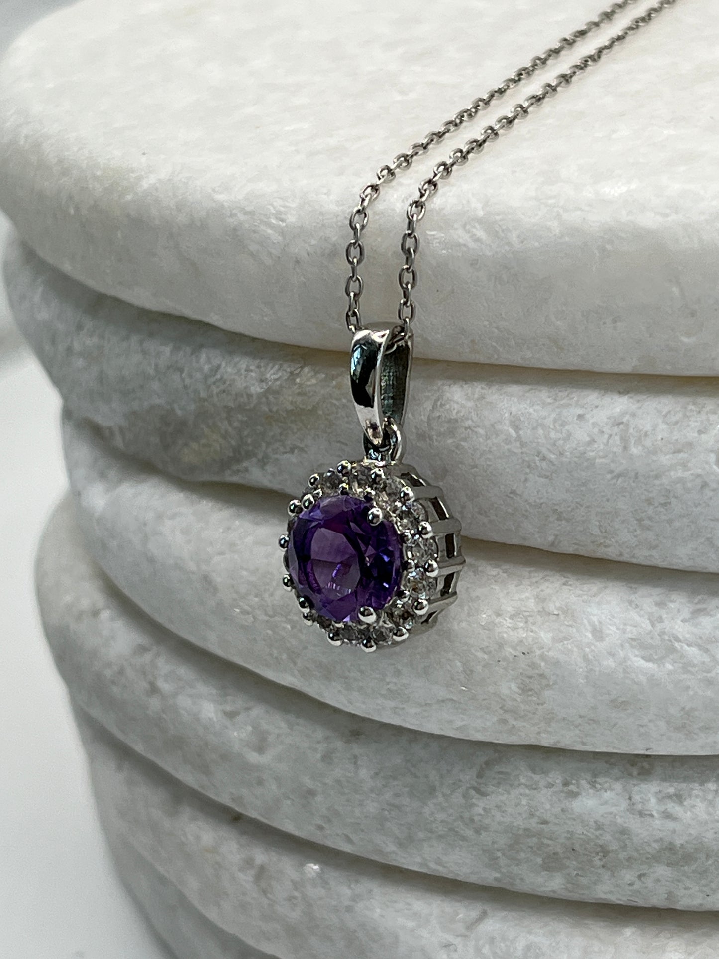 925 Sterling Silver Amethyst Halo Pendant on 45cm Sterling Silver Chain