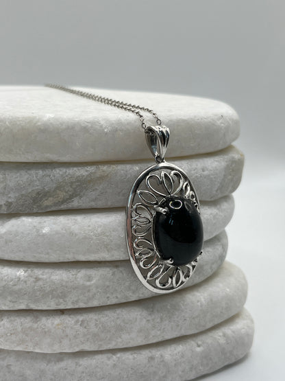 925 Sterilng Silver Obsidian Cabochon Pendant on 45cm Sterling Silver Chain