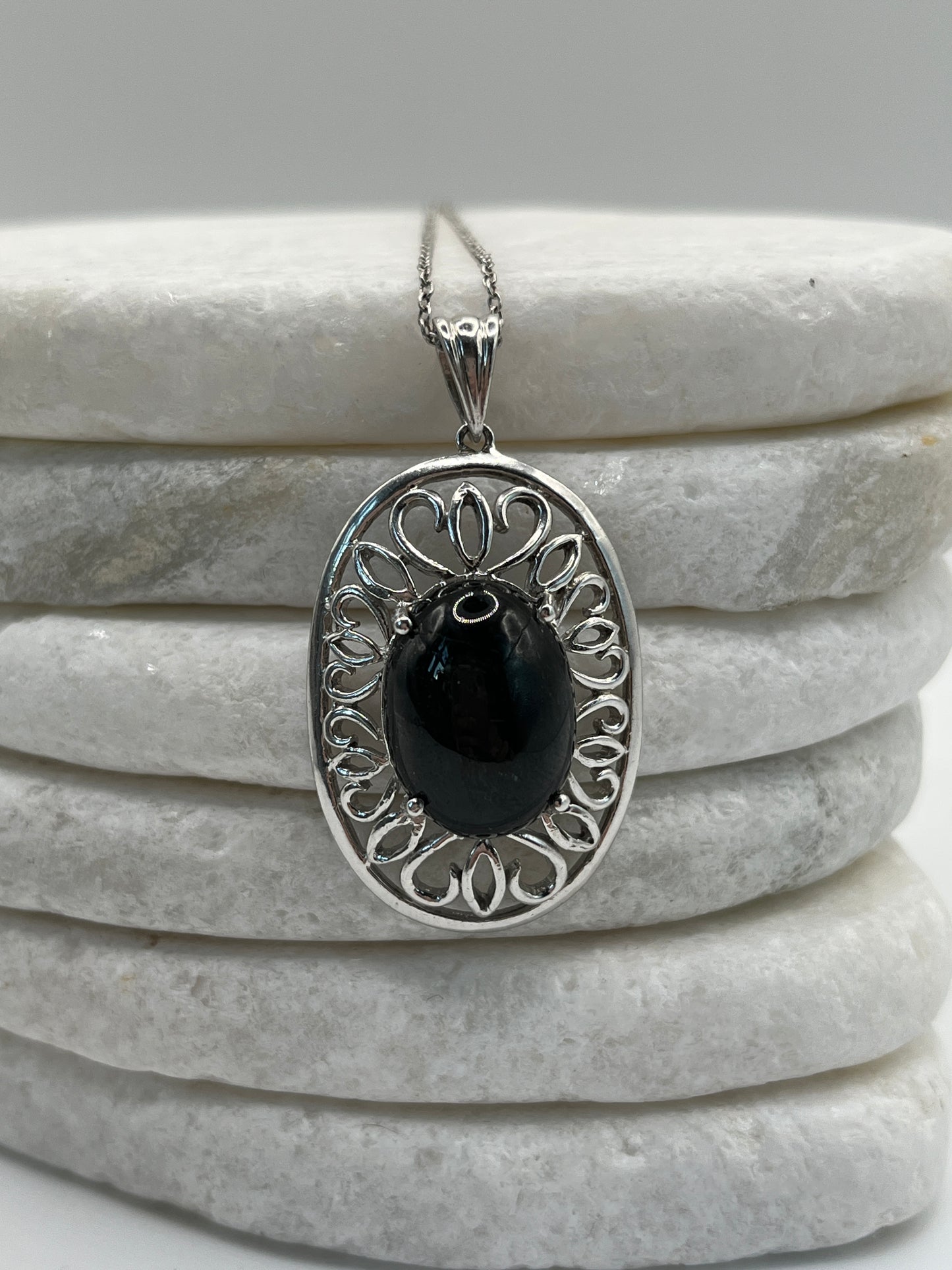 925 Sterilng Silver Obsidian Cabochon Pendant on 45cm Sterling Silver Chain