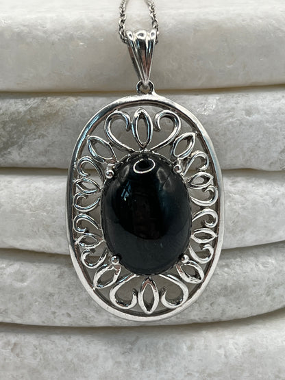 925 Sterilng Silver Obsidian Cabochon Pendant on 45cm Sterling Silver Chain