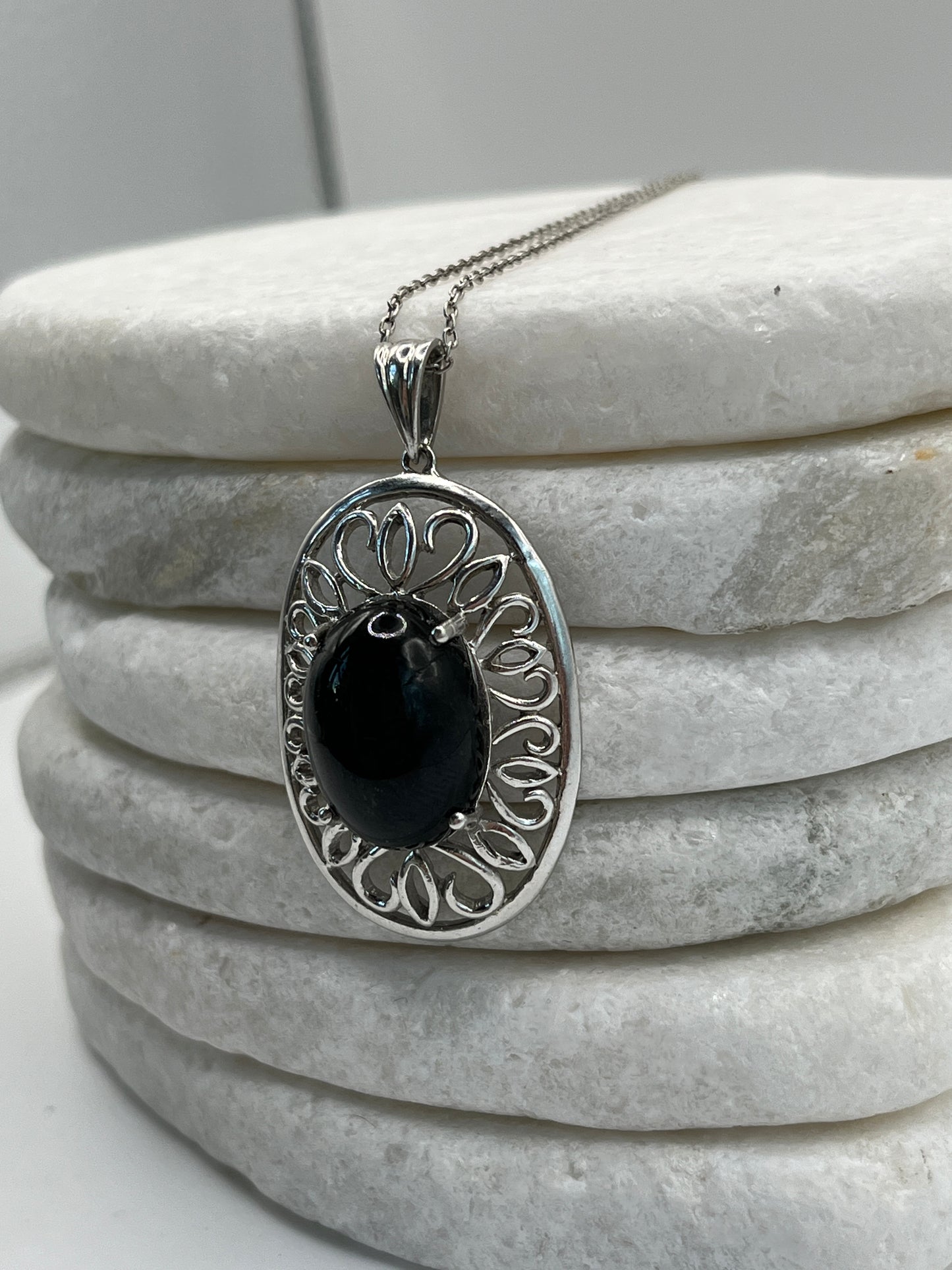 925 Sterilng Silver Obsidian Cabochon Pendant on 45cm Sterling Silver Chain