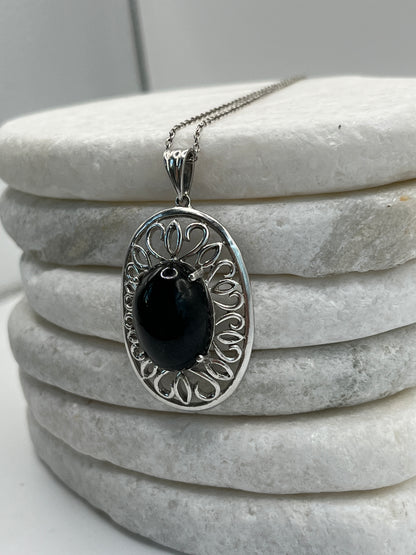 925 Sterilng Silver Obsidian Cabochon Pendant on 45cm Sterling Silver Chain