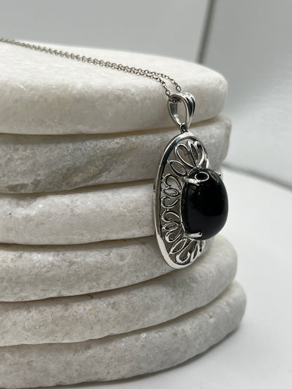 925 Sterilng Silver Obsidian Cabochon Pendant on 45cm Sterling Silver Chain