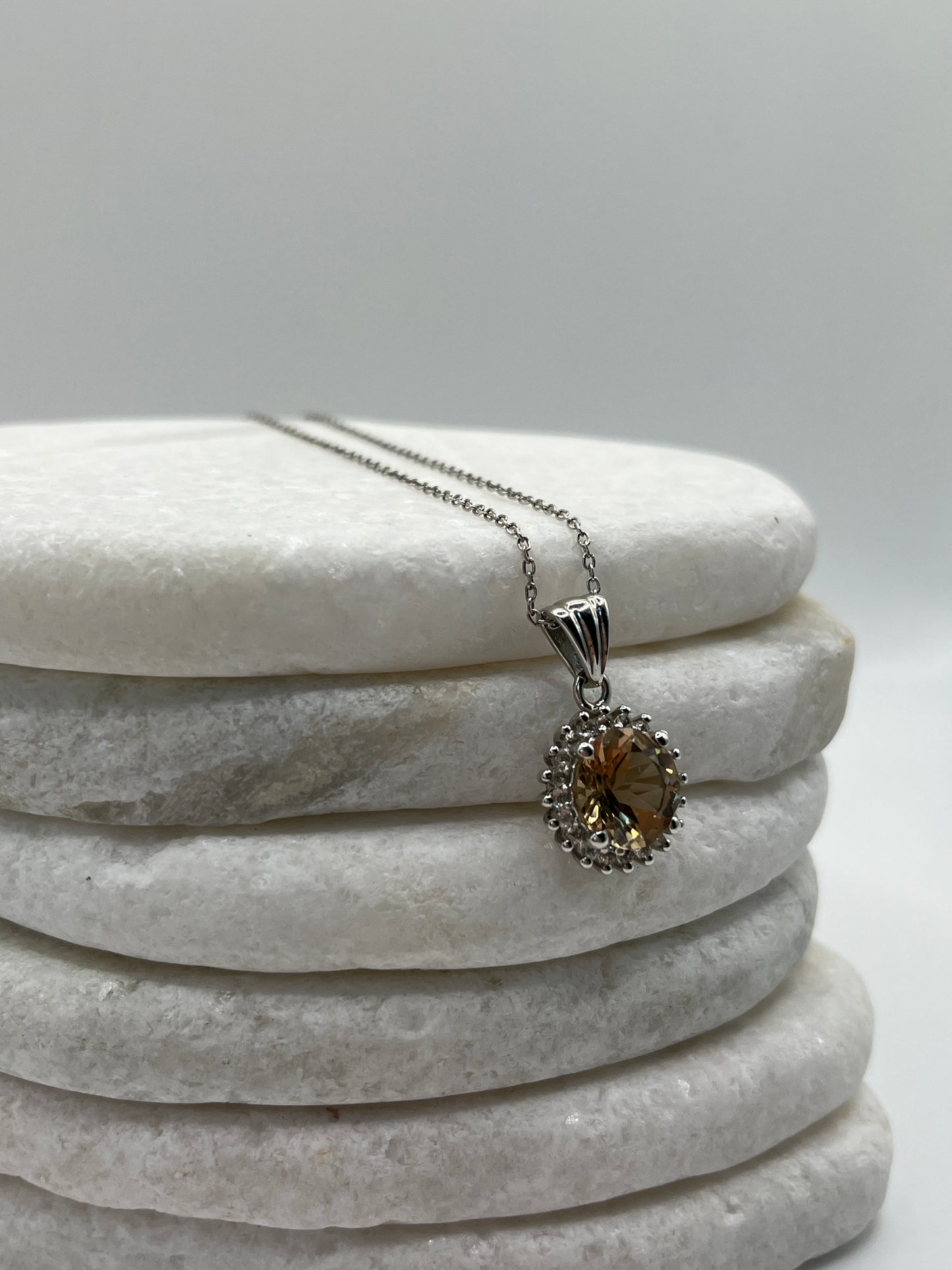 925 Sterling Silver Citrine Halo Pendant on 45cm Sterling Silver Chain