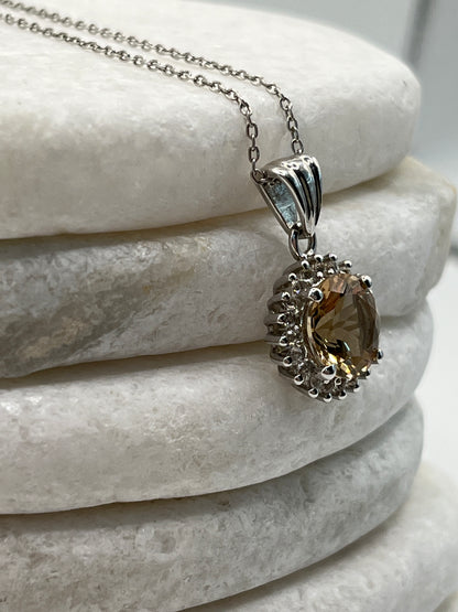 925 Sterling Silver Citrine Halo Pendant on 45cm Sterling Silver Chain