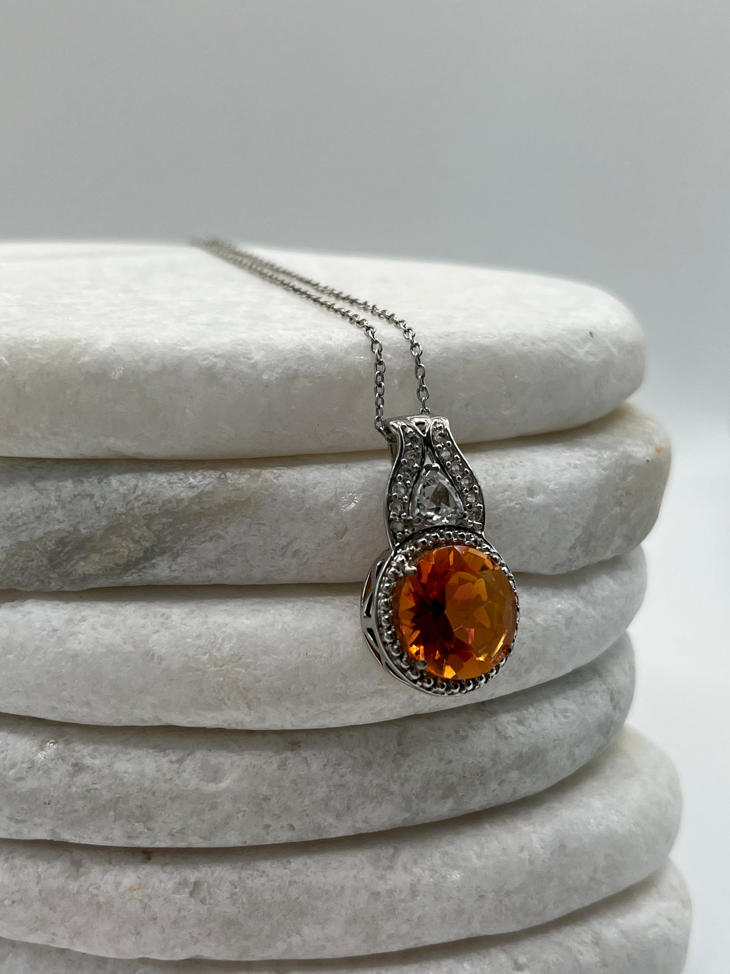 925 Sterling Silver Padparadscha Quartz And White Zircon Halo Pendant On 45cm Chain