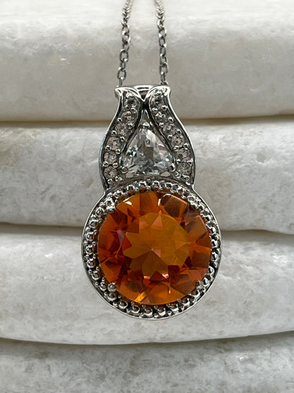 925 Sterling Silver Padparadscha Quartz And White Zircon Halo Pendant On 45cm Chain