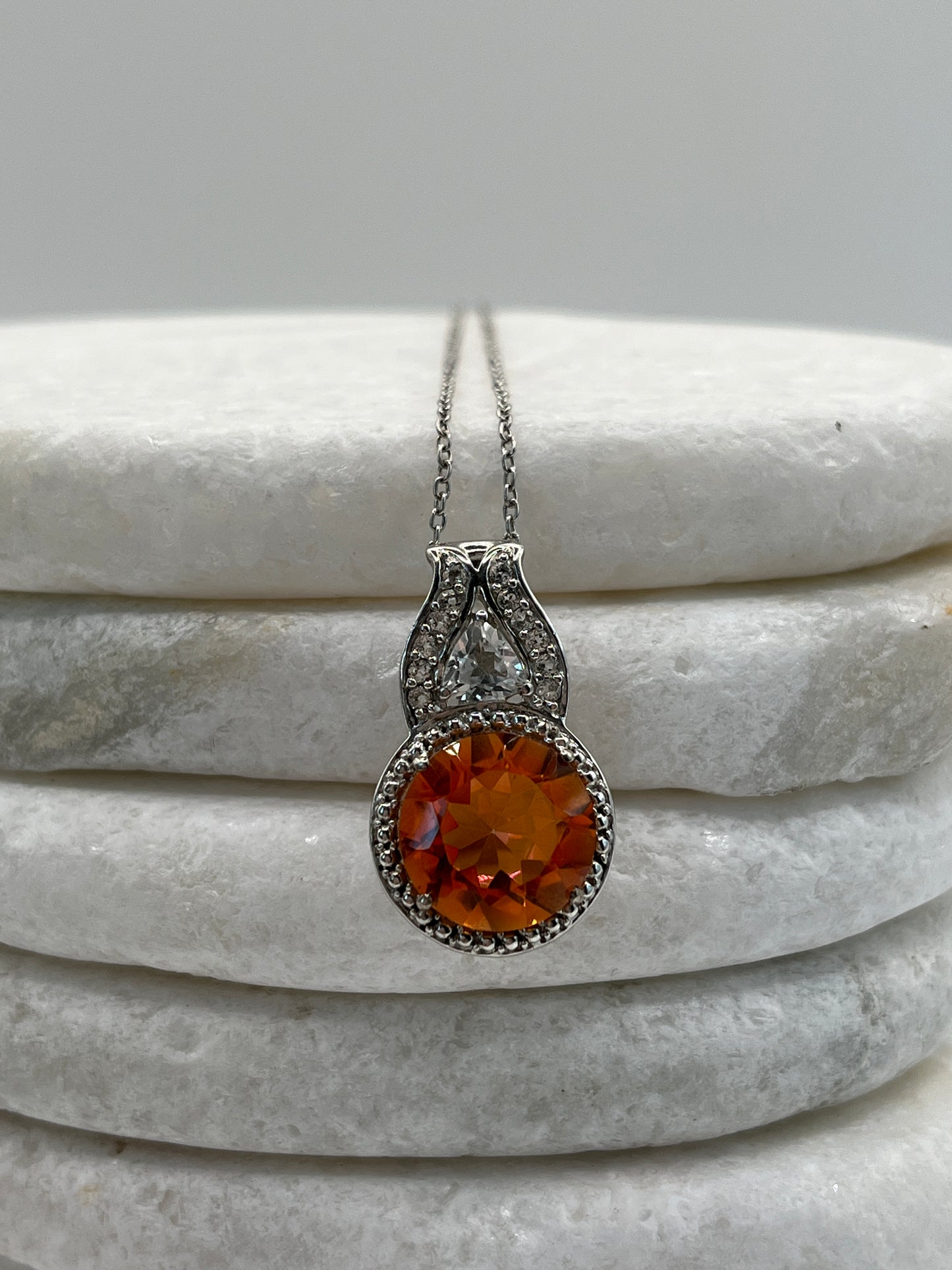 925 Sterling Silver Padparadscha Quartz And White Zircon Halo Pendant On 45cm Chain