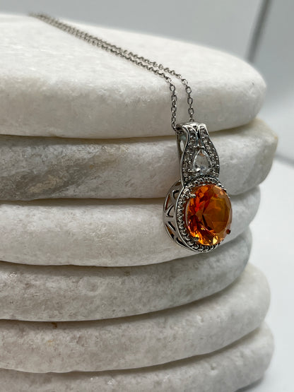 925 Sterling Silver Padparadscha Quartz And White Zircon Halo Pendant On 45cm Chain
