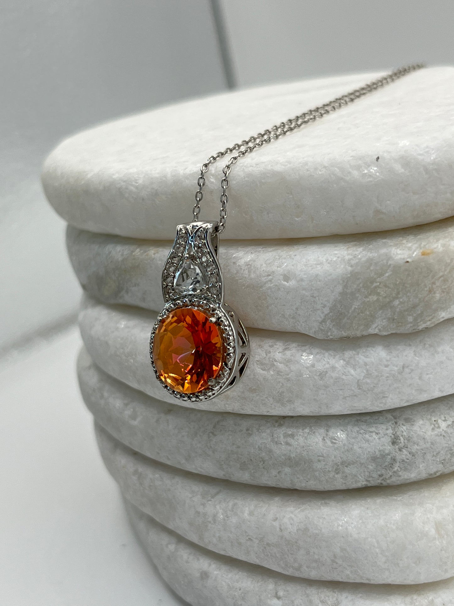 925 Sterling Silver Padparadscha Quartz And White Zircon Halo Pendant On 45cm Chain