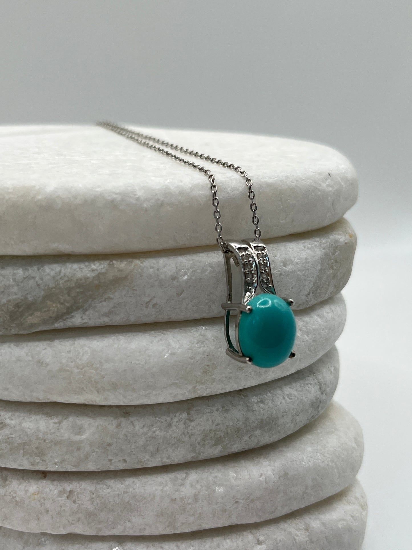 925 Sterling Silver Sleeping Beauty Turquoise and White Zircon Pendant On 45cm Chain
