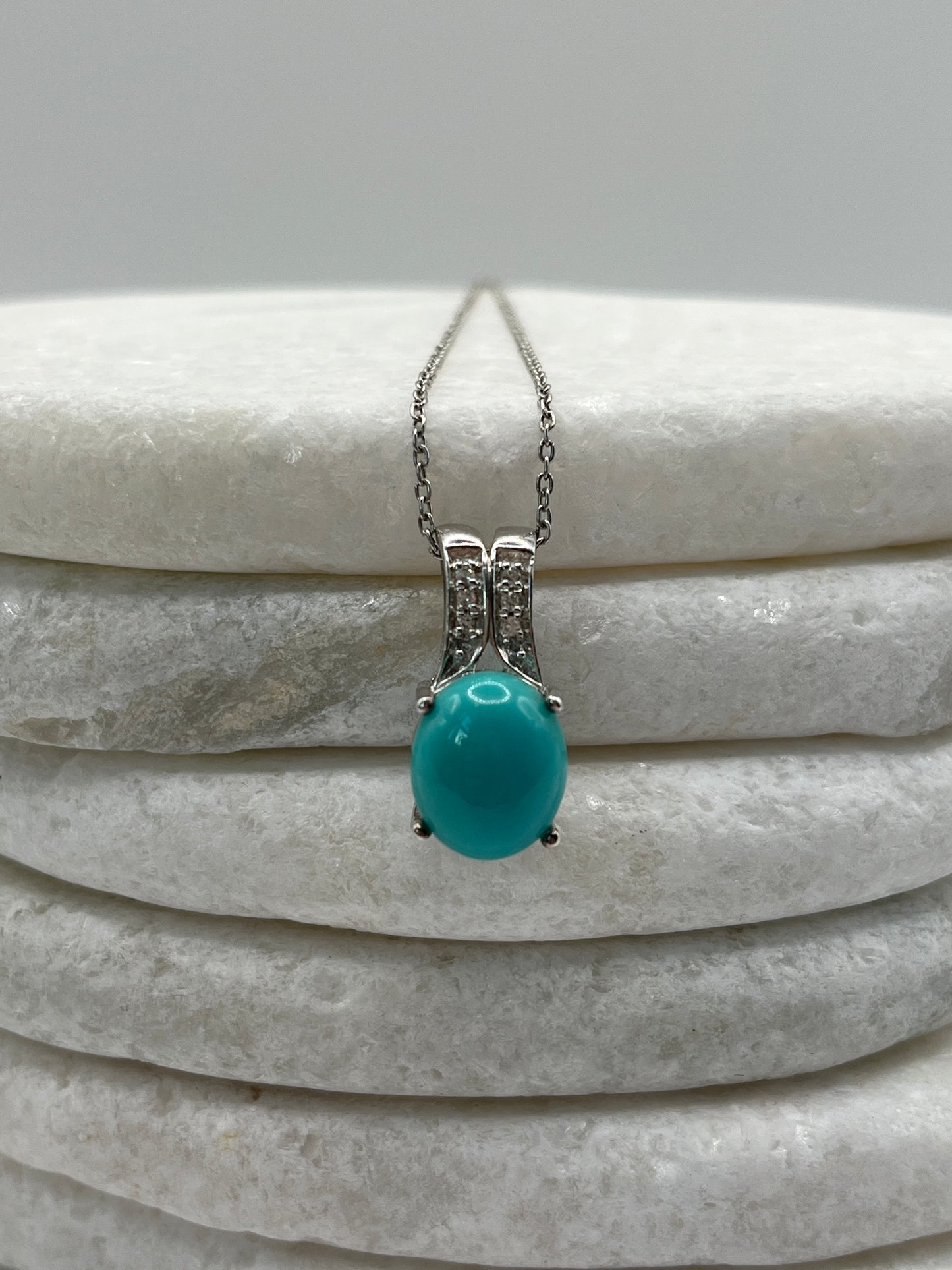 925 Sterling Silver Sleeping Beauty Turquoise and White Zircon Pendant On 45cm Chain