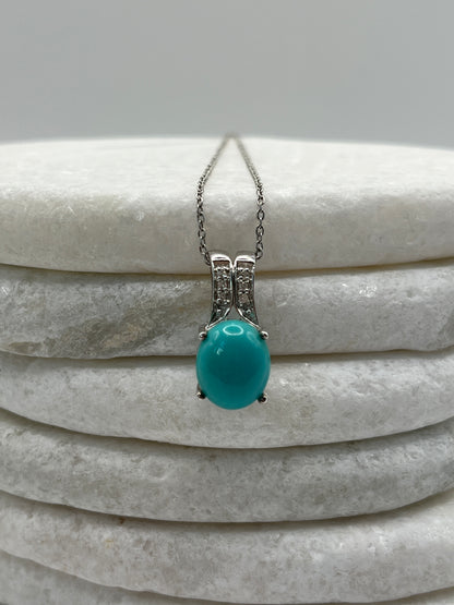 925 Sterling Silver Sleeping Beauty Turquoise and White Zircon Pendant On 45cm Chain
