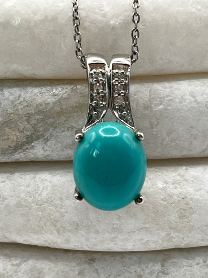 925 Sterling Silver Sleeping Beauty Turquoise and White Zircon Pendant On 45cm Chain