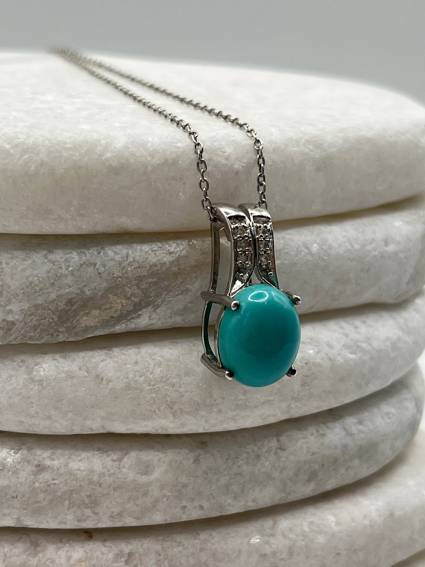 925 Sterling Silver Sleeping Beauty Turquoise and White Zircon Pendant On 45cm Chain