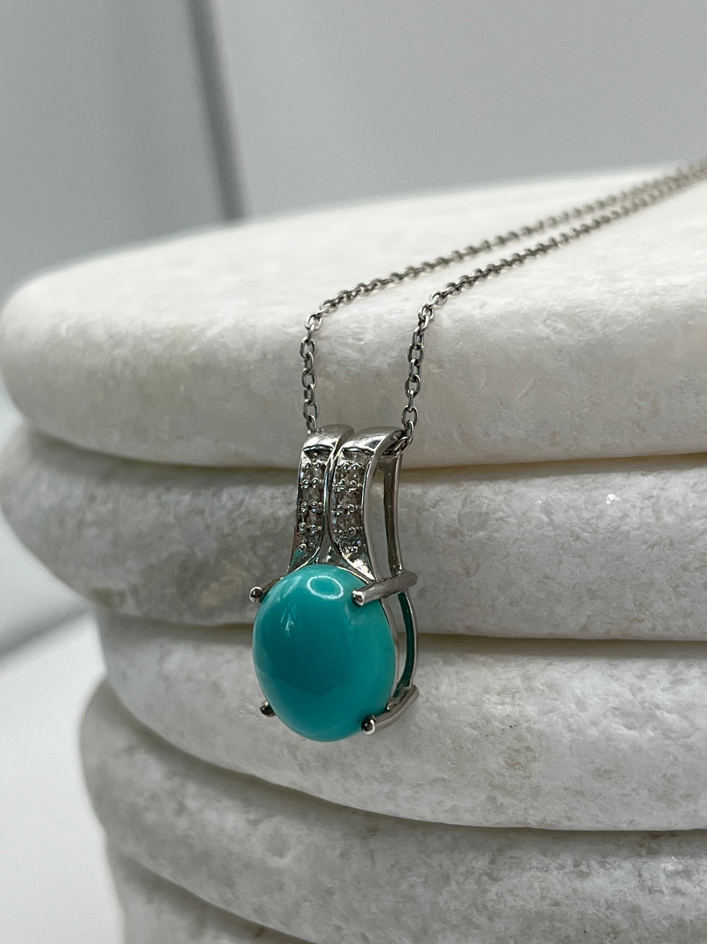 925 Sterling Silver Sleeping Beauty Turquoise and White Zircon Pendant On 45cm Chain