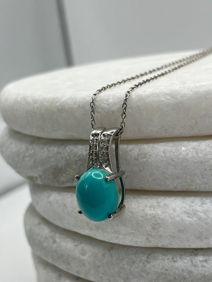925 Sterling Silver Sleeping Beauty Turquoise and White Zircon Pendant On 45cm Chain