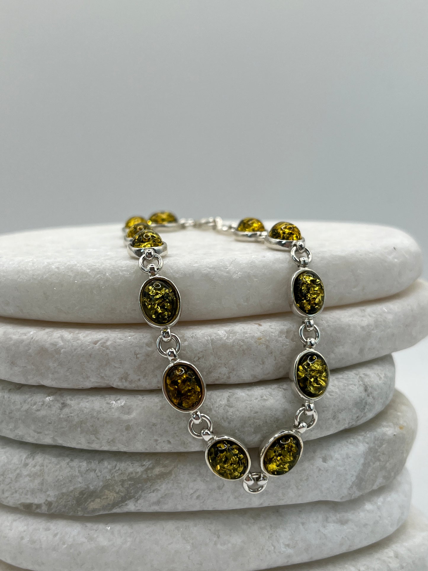 925 Sterling Silver Green Oval Amber Bracelet- 20cm
