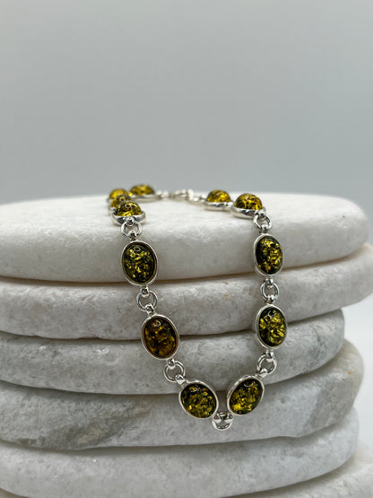 925 Sterling Silver Green Oval Amber Bracelet- 20cm