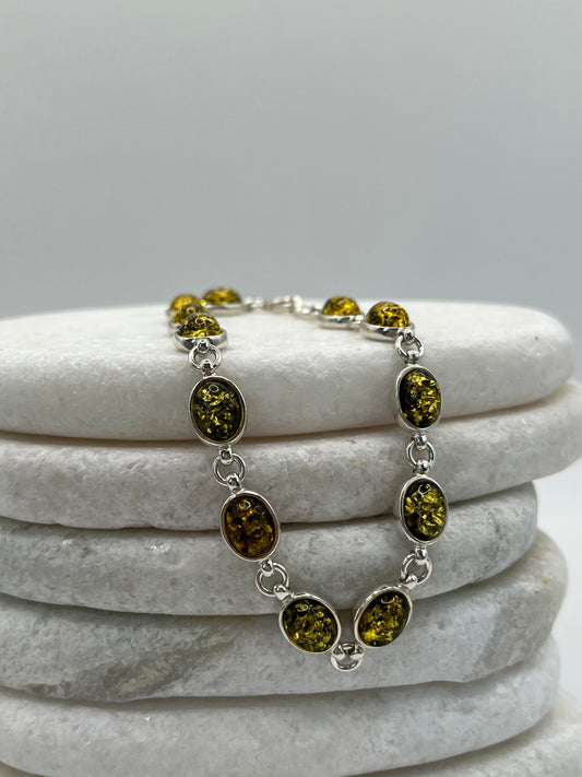 925 Sterling Silver Green Oval Amber Bracelet- 20cm