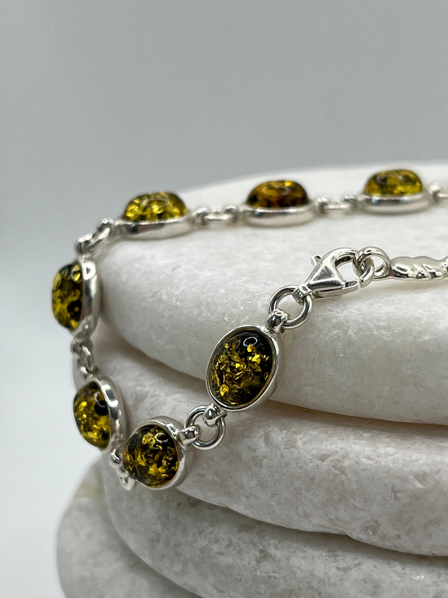 925 Sterling Silver Green Oval Amber Bracelet- 20cm