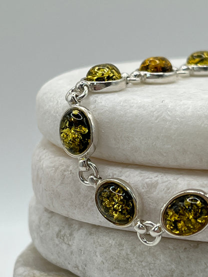 925 Sterling Silver Green Oval Amber Bracelet- 20cm